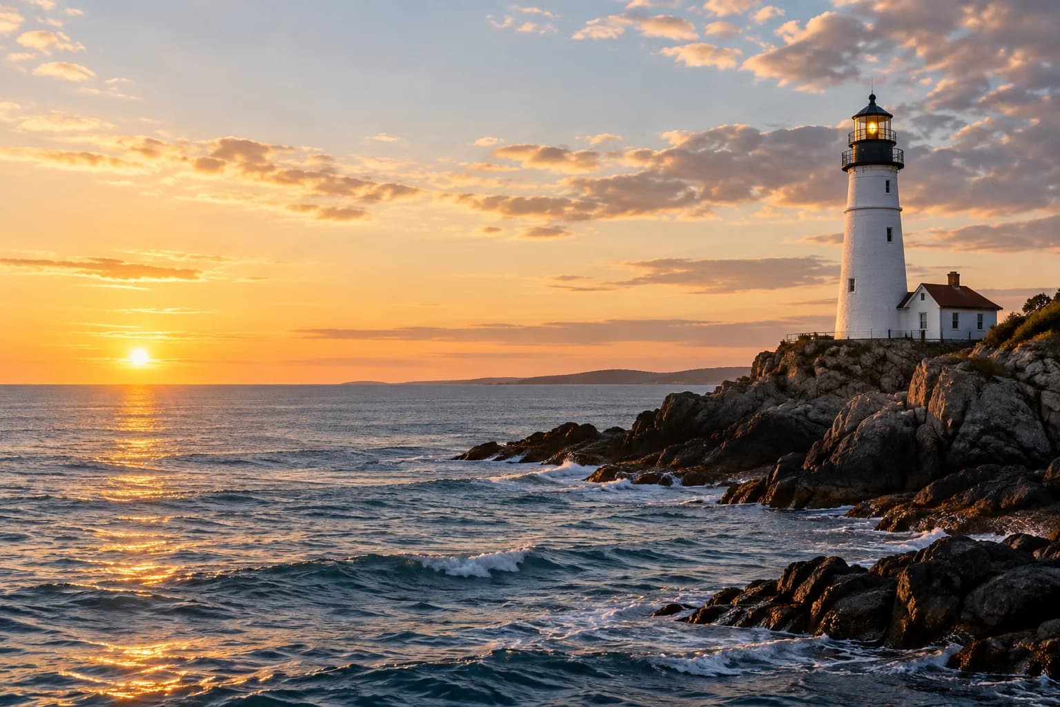 A lighthouse guiding the way along a sunlit coast